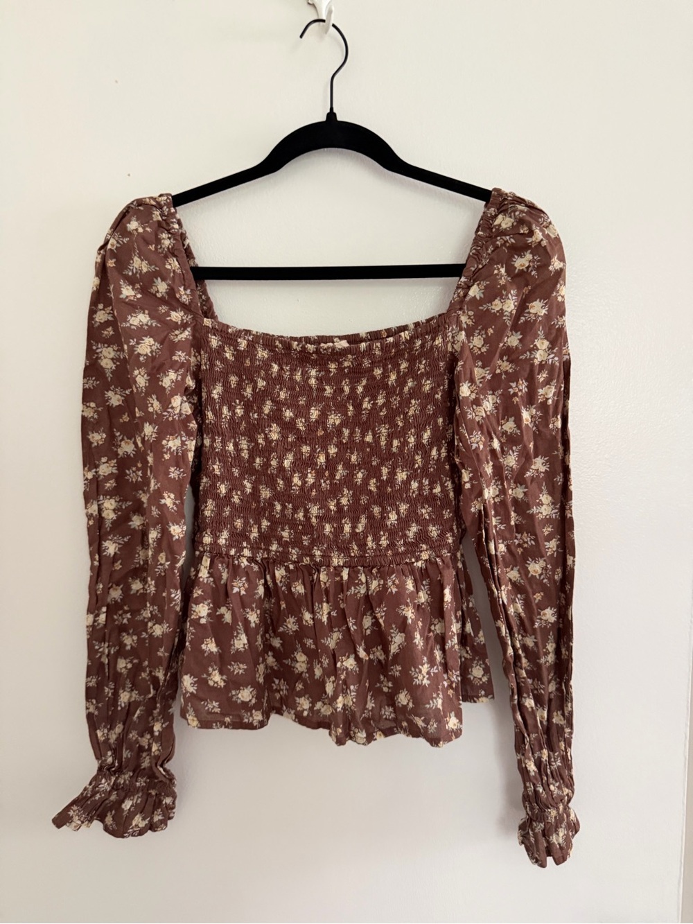 Dizzy Lizzy Smocked Long-Sleeve Floral Peplum Top - Brown